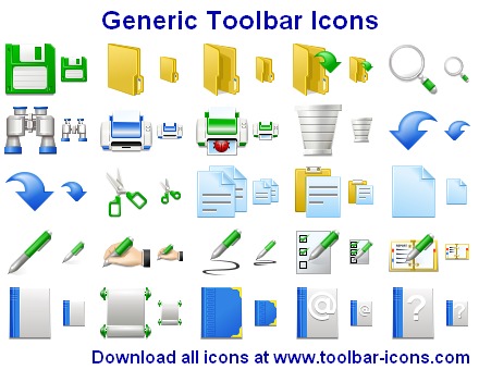 These generic toolbar icons will round out the collection for your projects.